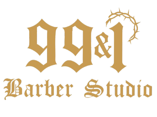 Gold logo for "99&1 Barber Studio" with gothic font, and a crown of thorns.