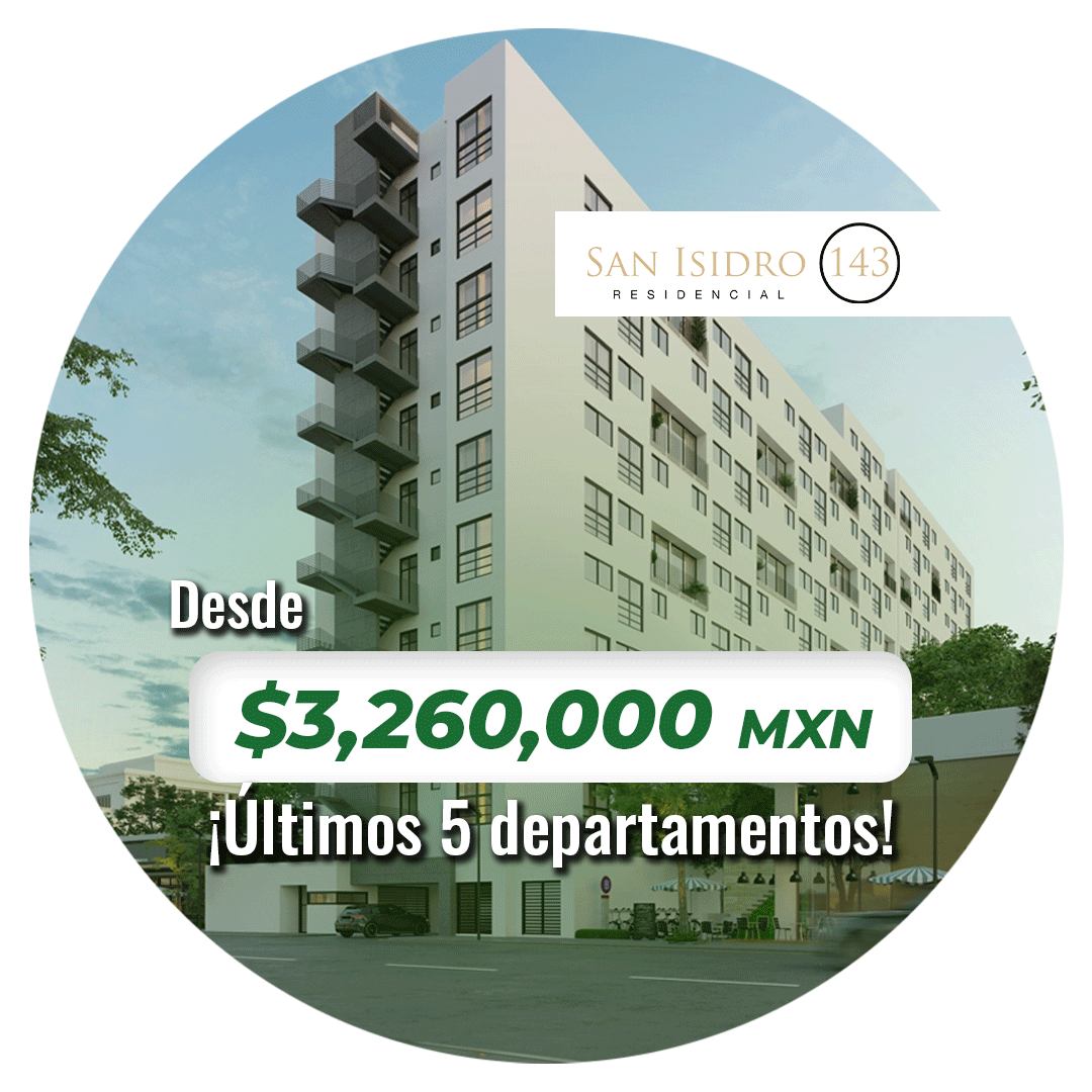 El edificio de fachada blanca mostrando el desarrollo de San Isidro 143, con una pegatina roja que dice Últimos Departamentos desde $ 3.200.000