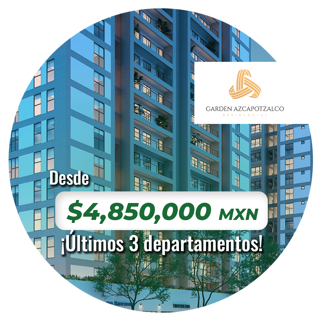 Vista de la fachada del edificio de Garden Azcapotzalco, donde se aprecian los balcones y los acabados de la hermosa fachada.  Indica que los departamentos empiezan desde $ 3,000,000 por 3 recámaras.