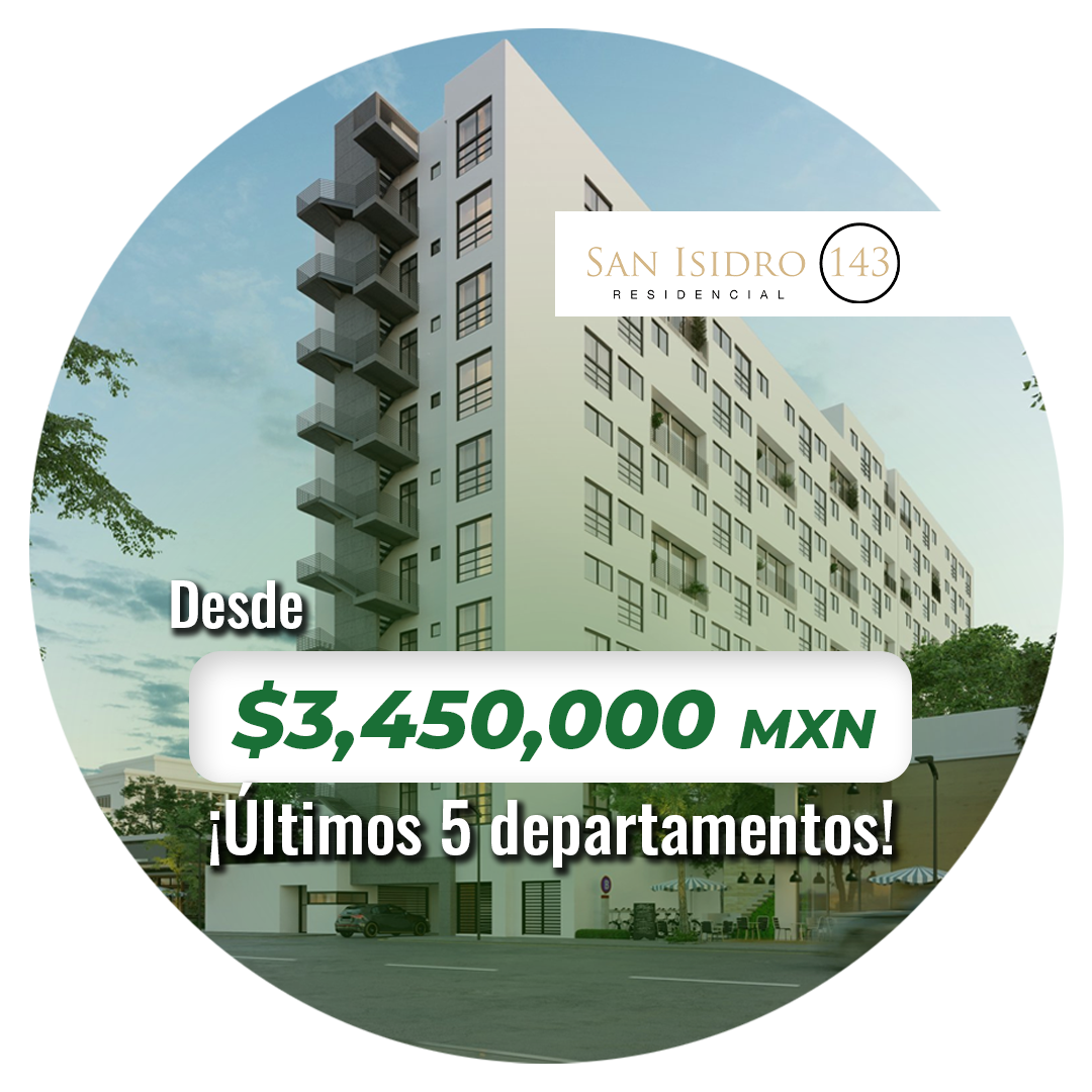 El edificio de fachada blanca mostrando el desarrollo de San Isidro 143, con una pegatina roja que dice Últimos Departamentos desde $ 3.200.000