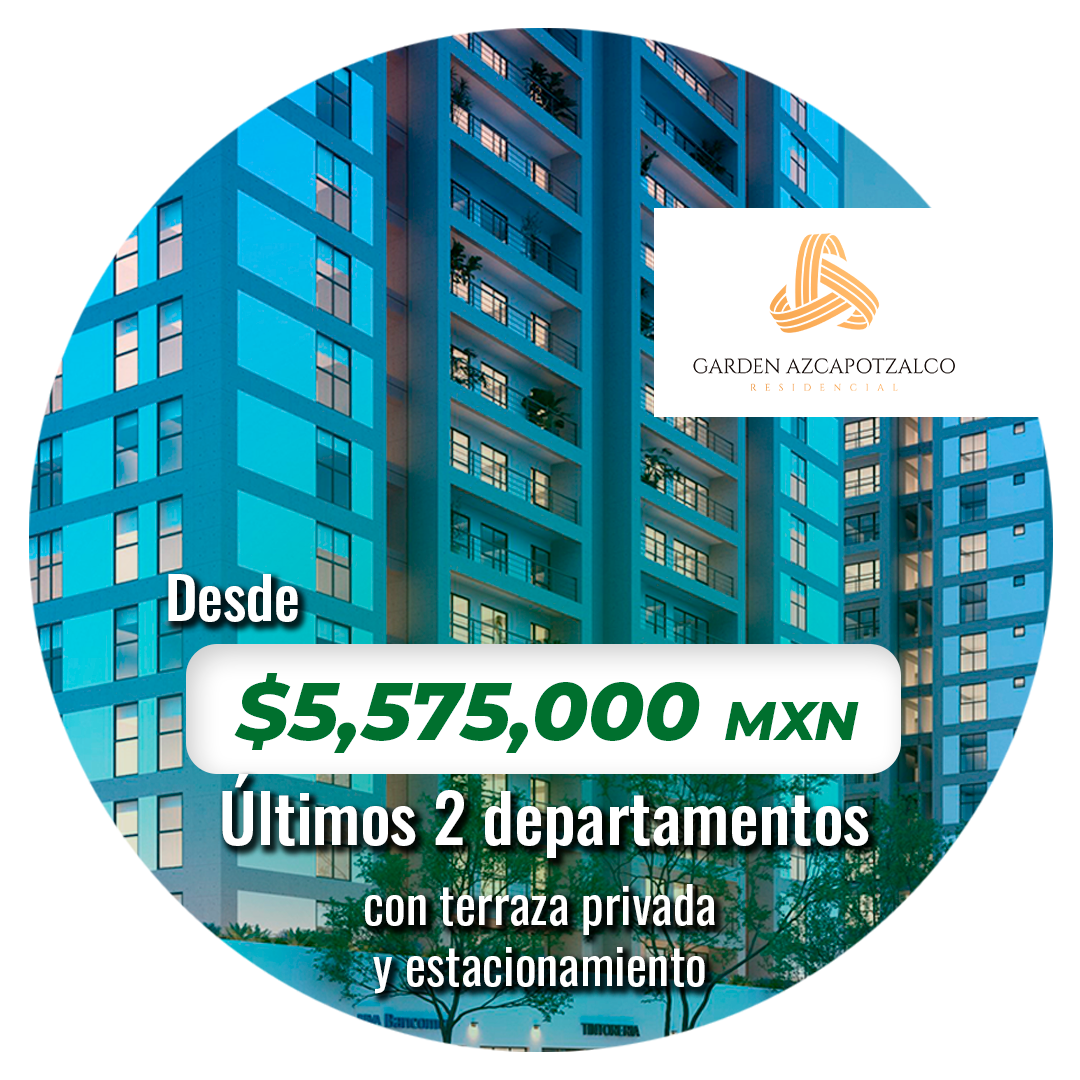Vista de la fachada del edificio de Garden Azcapotzalco, donde se aprecian los balcones y los acabados de la hermosa fachada.  Indica que los departamentos empiezan desde $ 3,000,000 por 3 recámaras.
