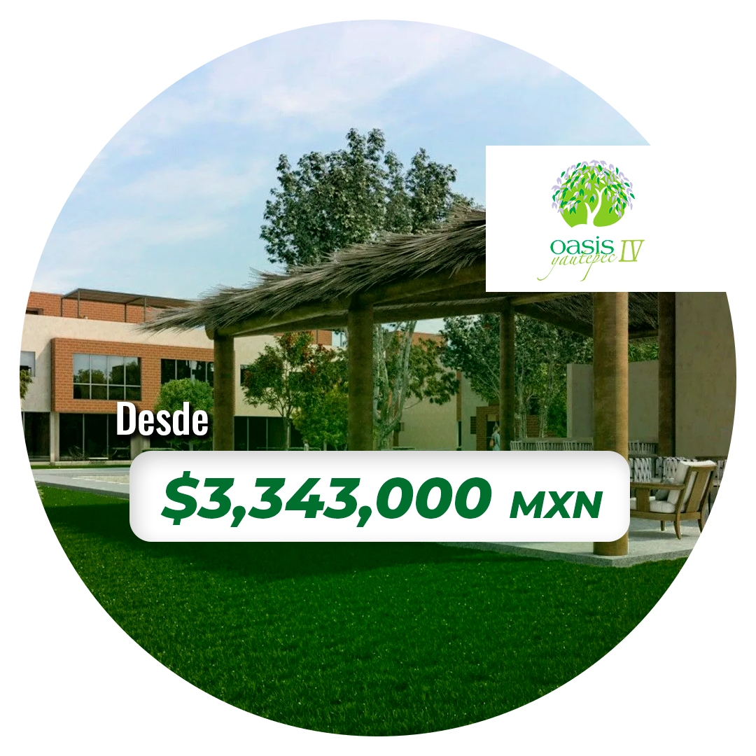 Foto de Yautepec IV mostrando una pérgola con un cómodo mobiliario de jardín entre mucho verde. Detrás está uan de las casas del desarrollo con dos plantas de altura, roof garden y fachada acristalada