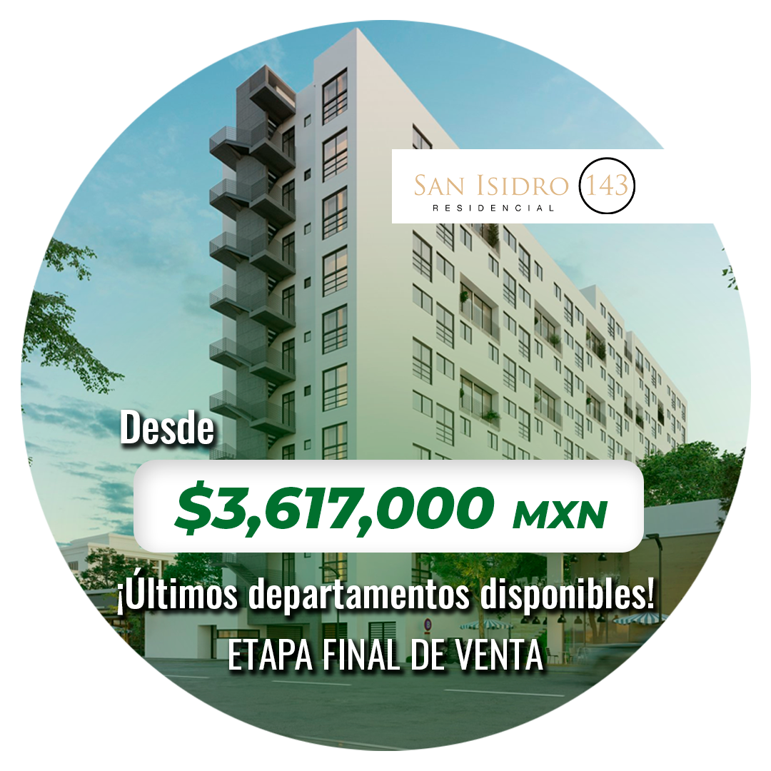 El edificio de fachada blanca mostrando el desarrollo de San Isidro 143, con una pegatina roja que dice Últimos Departamentos desde $ 3.200.000