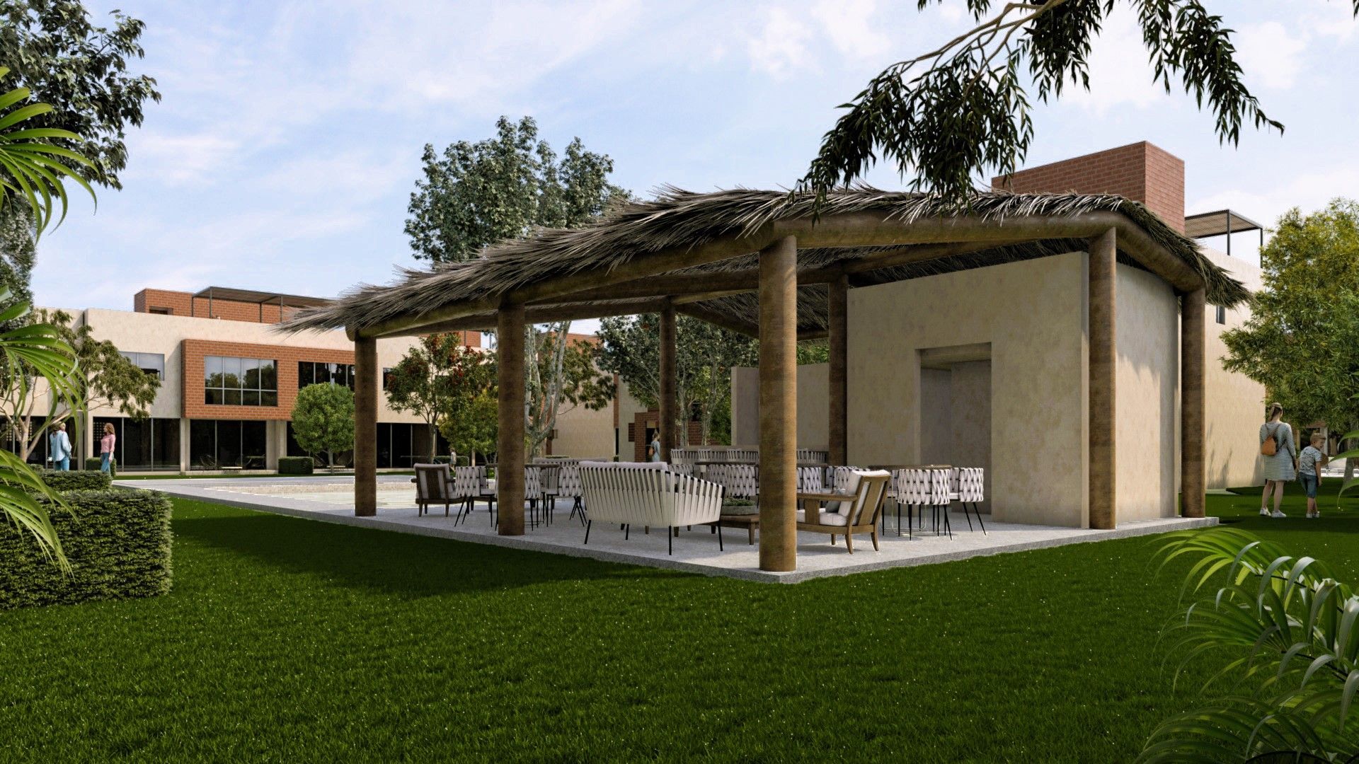 Vista del porche de una de las casas con pérgola, sillas de jardín y áreas verdes, para pasar el fin de semana con tranquilidad. en Oasis Yautepec IV (representación 3d)