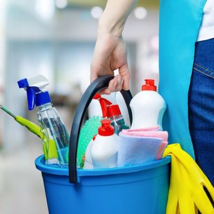 a person is holding a blue bucket full of cleaning supplies