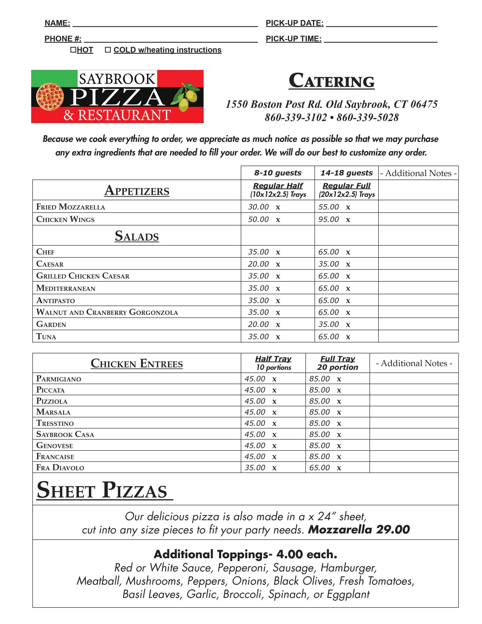 New Catering Menu — Old Saybrook, CT — Saybrook Pizza & Restaurant