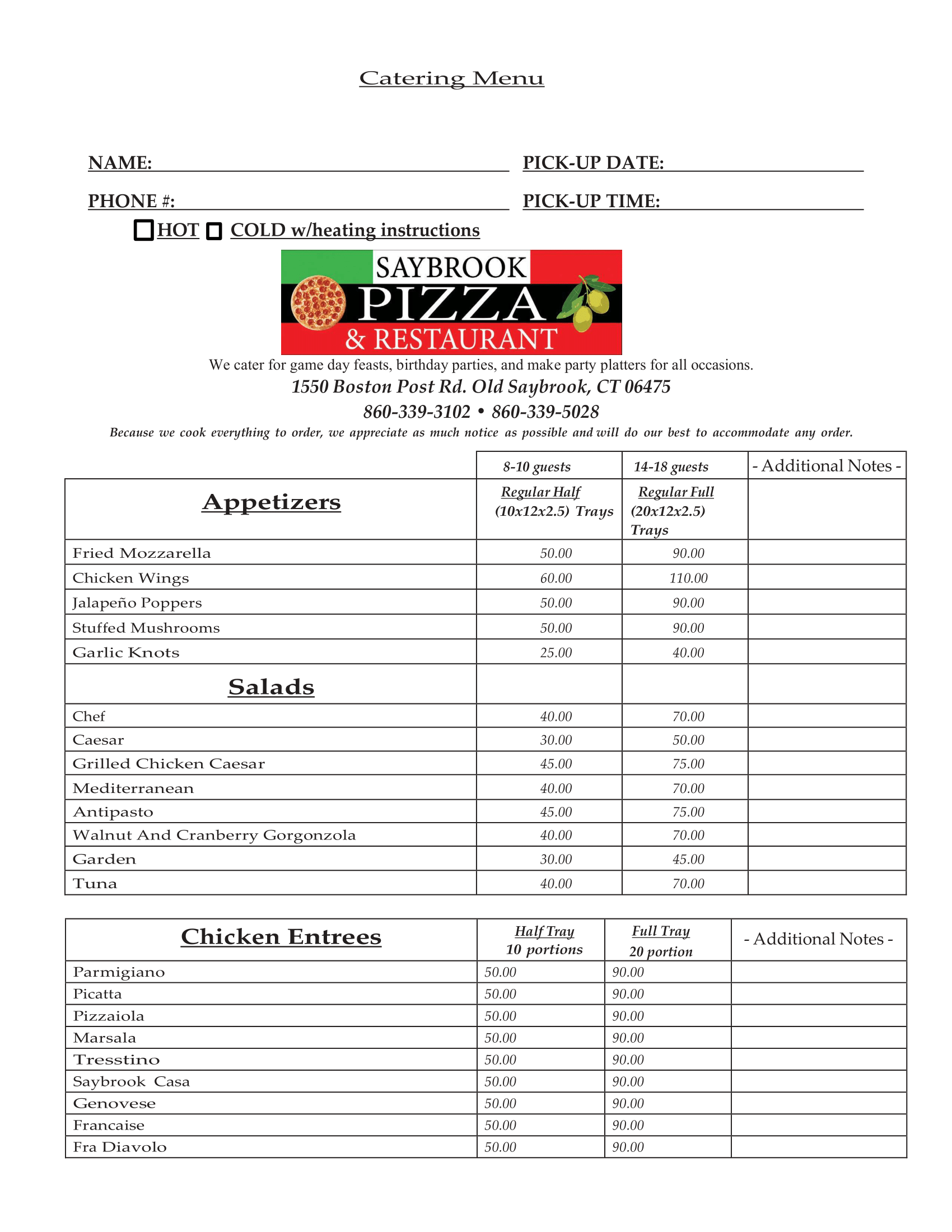 New Catering Menu — Old Saybrook, CT — Saybrook Pizza & Restaurant