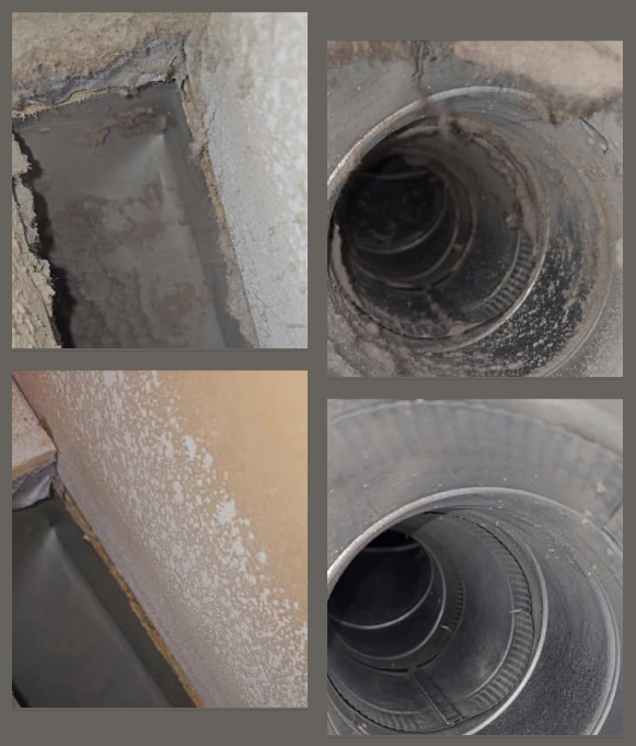 A collage of four pictures of a ventilation duct before and after cleaning