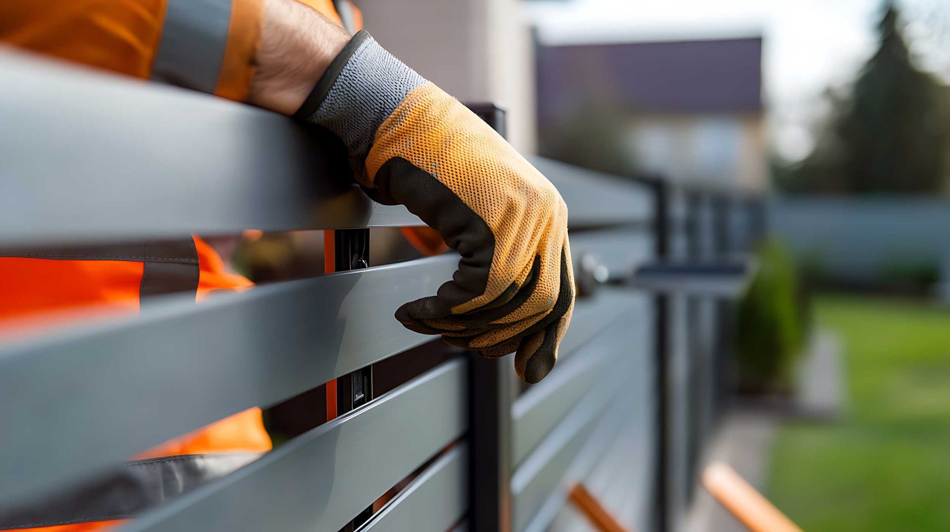 A worker with gloves on a grey horizontal slat fence installed by a residential fence company. A worker with gloves on a grey horizontal slat fence installed by a residential fence company.