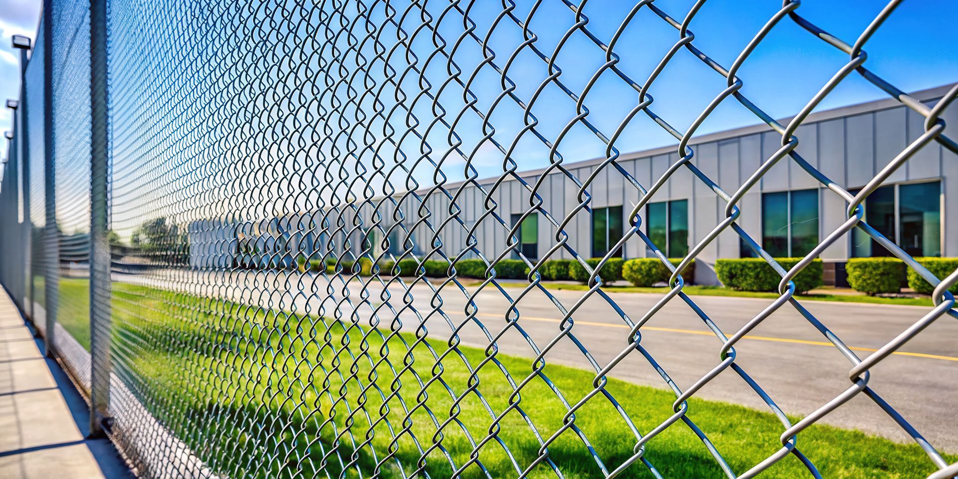 Commercial fence company installs chain link fence around industrial building and roadway.