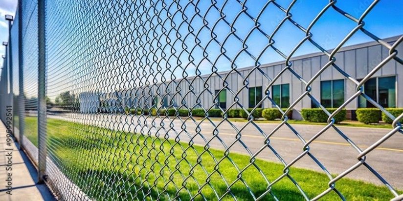 Commercial fence company installs chain link fence around industrial building and roadway.