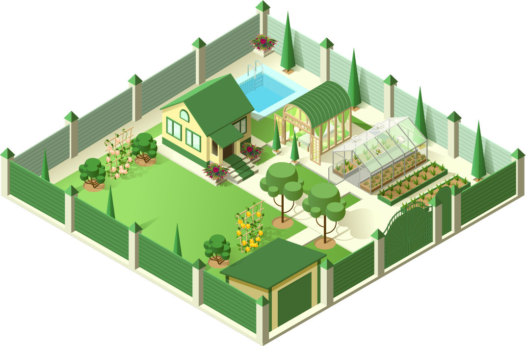 Green-roofed house with pool, greenhouse, garden, and shed within a fenced yard.