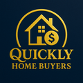 Golden logo of a house with a dollar sign inside, surrounded by "QUICKLY HOME BUYERS" on a dark blue background.