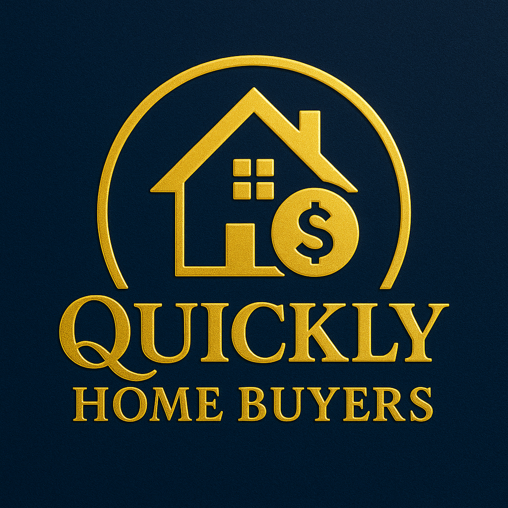 Golden logo of a house with a dollar sign inside, surrounded by "QUICKLY HOME BUYERS" on a dark blue background.