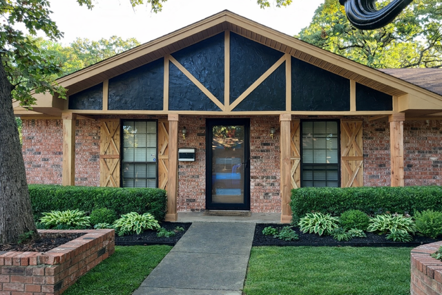 A one-story brick house with black accents, wooden shutters, and a well-manicured lawn.