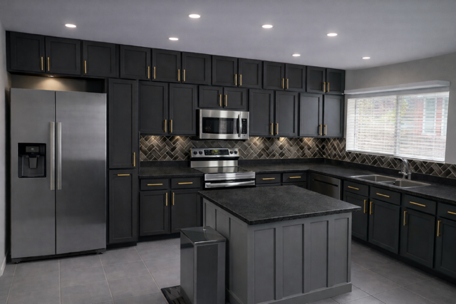 Modern gray kitchen with stainless steel appliances, dark cabinets, and island.