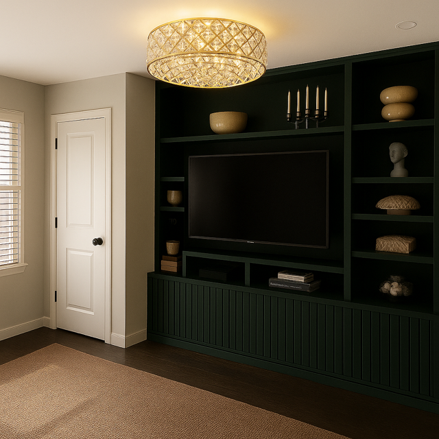 Dark green built-in entertainment center with TV, shelves, and a gold chandelier in a room.