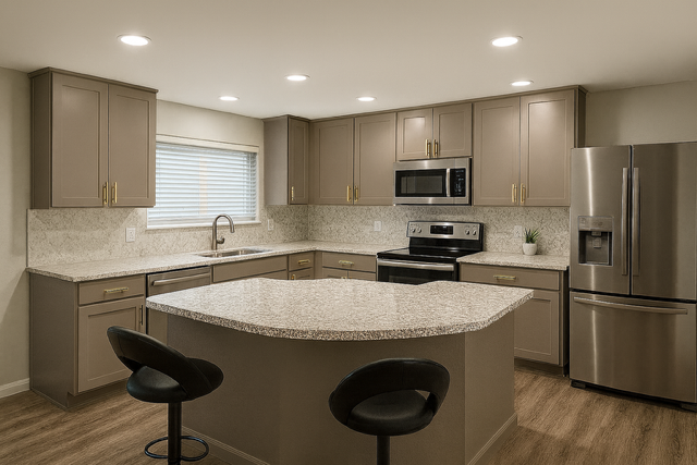 Modern kitchen with gray cabinets, granite countertops, stainless steel appliances, and a central island with two stools.