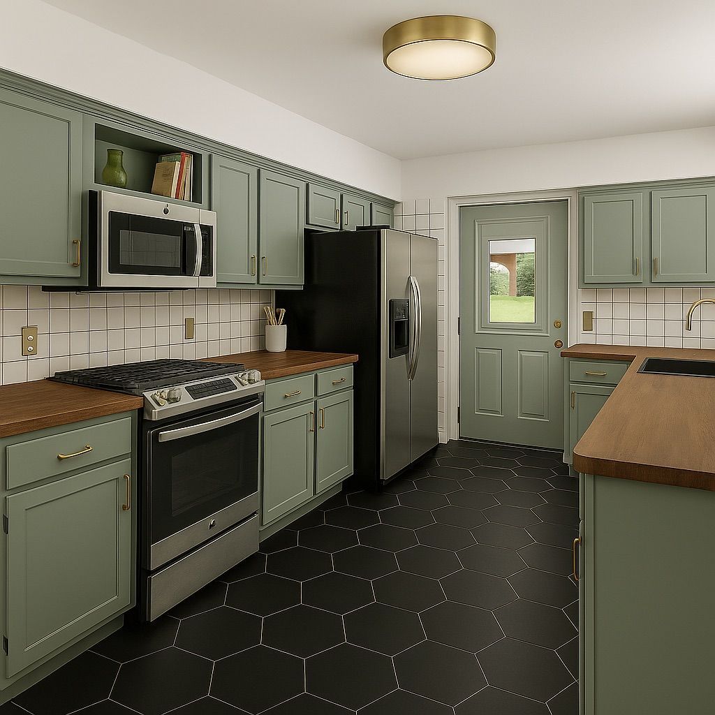 Green kitchen with stainless steel appliances, dark hexagon tile, and wooden countertops.
