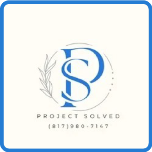 Logo: Blue intertwined letters "P" and "S" inside a circle, company name Project Solved, phone number 817-980-7147.