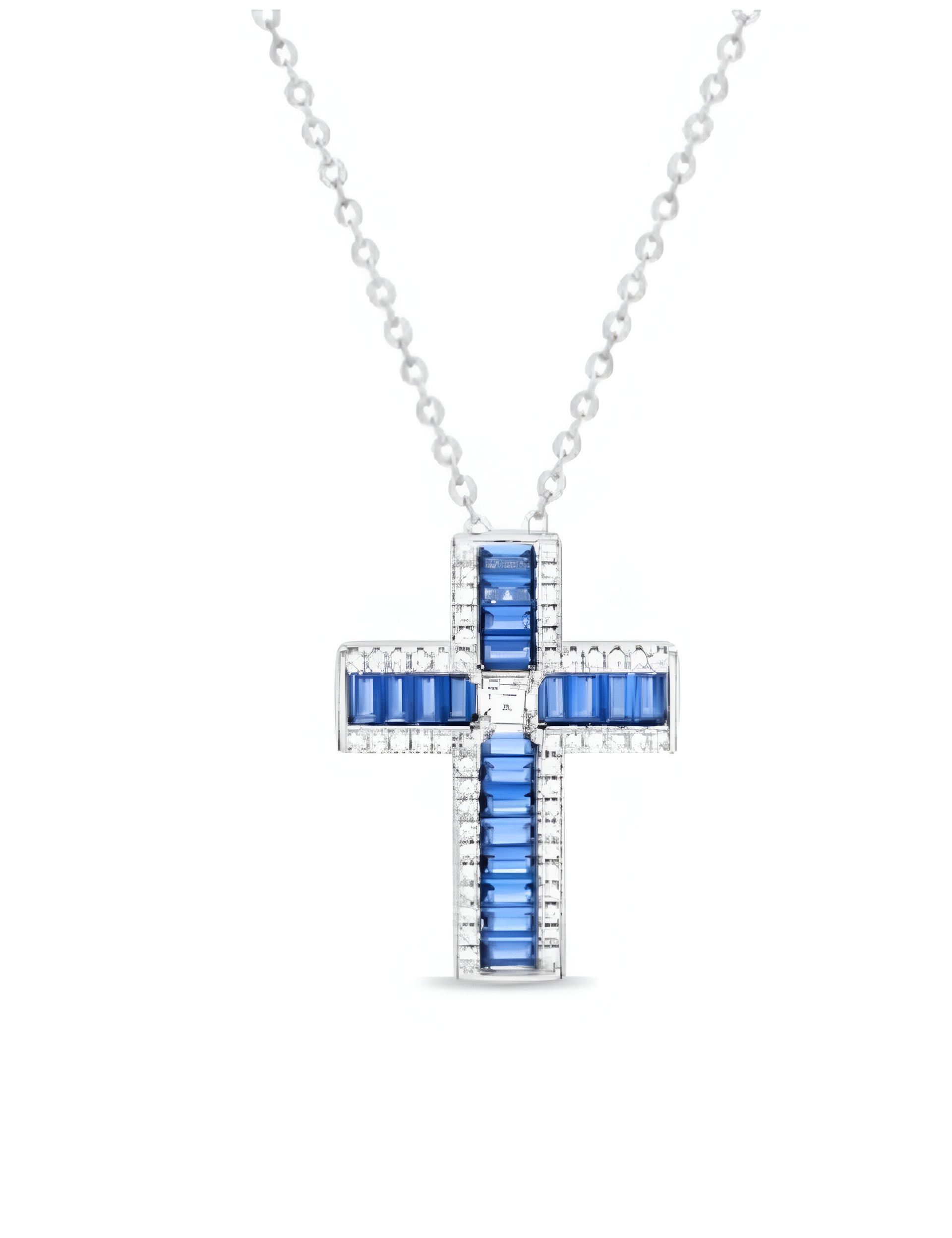 Un collar de cruz con zafiro y diamantes en una cadena.