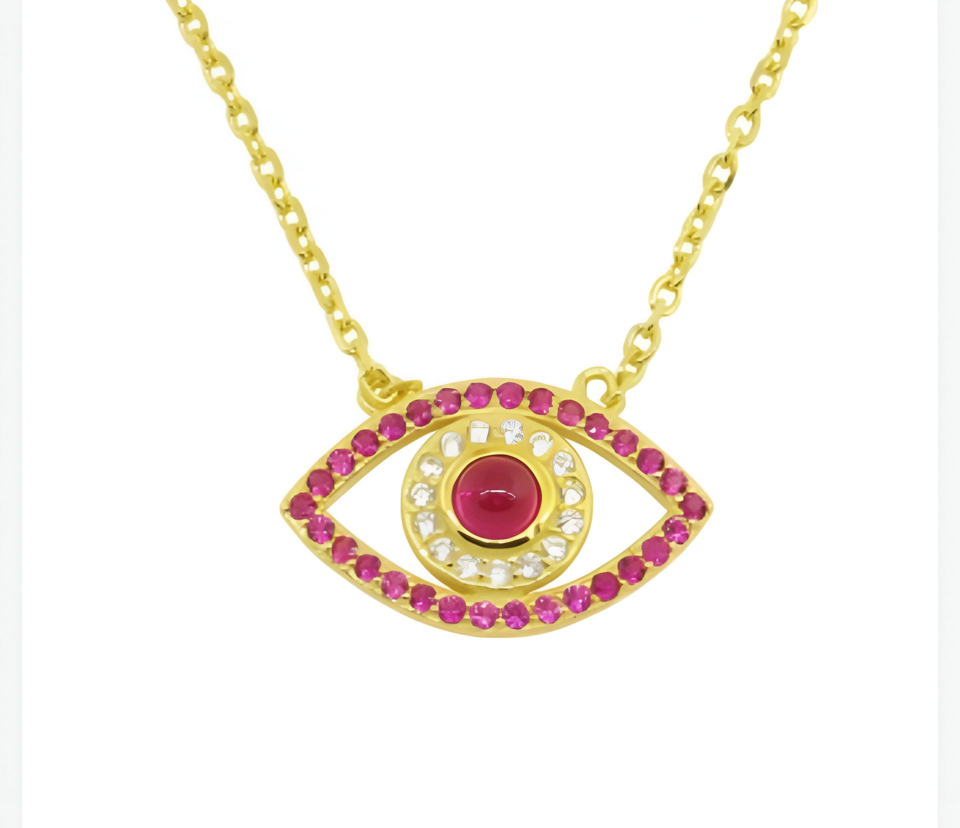 Un collar de oro con un colgante en forma de mal de ojo.