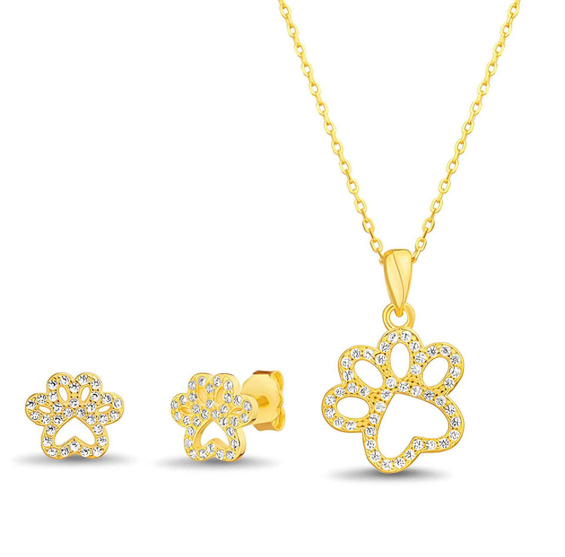 Un conjunto de collar y pendientes con un colgante de huella de pata.