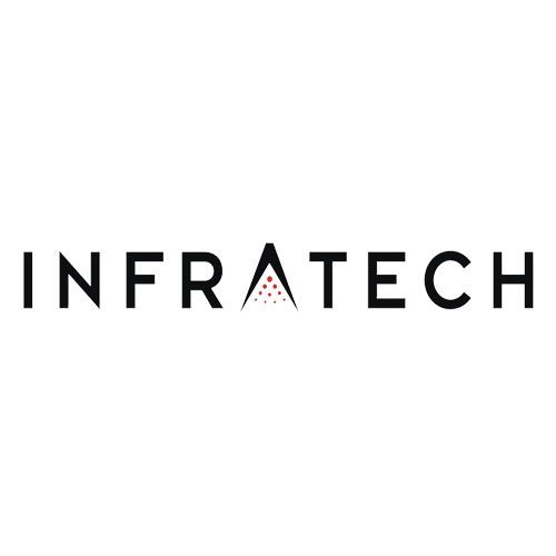 Infratech logo: dark text, red triangular graphic with dots, white background.