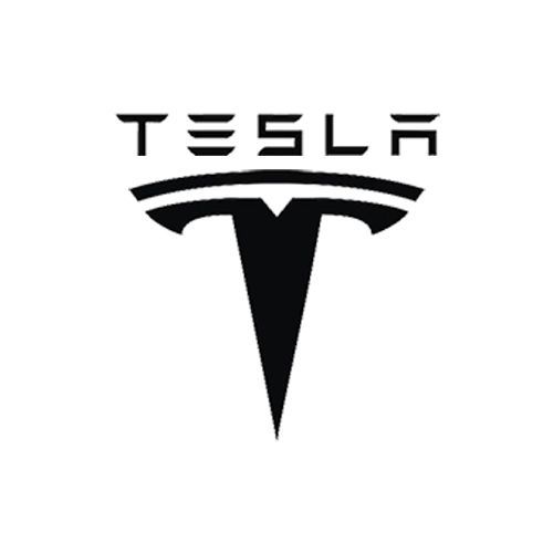 Tesla logo: bold black stylized "T" shape with "TESLA" above.