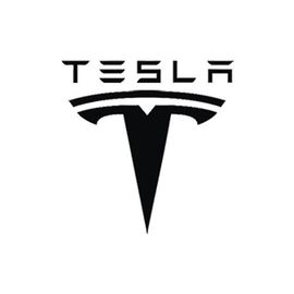 Tesla logo: bold black stylized "T" shape with "TESLA" above.