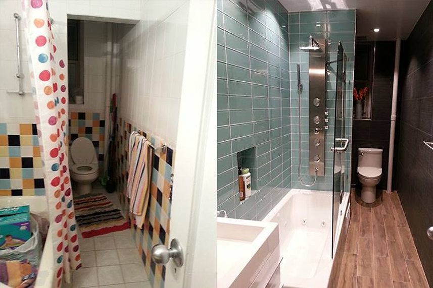 A before and after photo of a bathroom with a toilet, sink and shower.