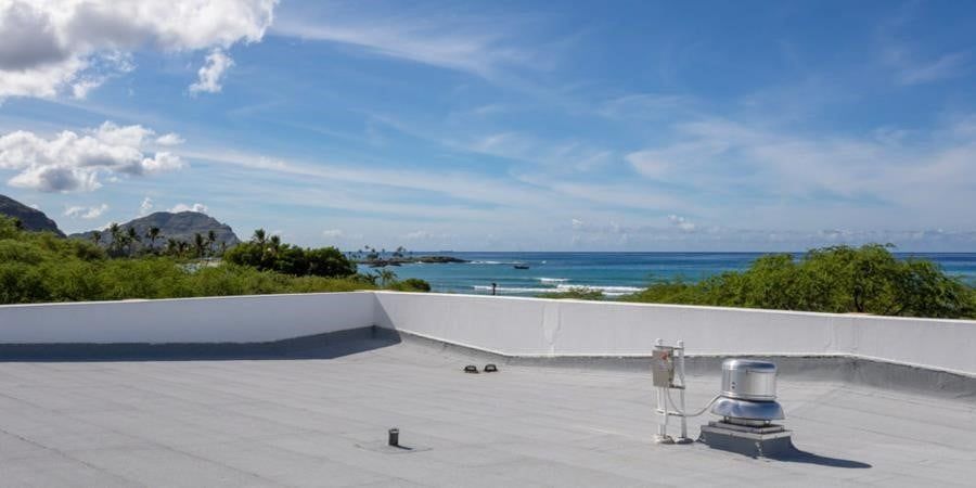 A man is standing on a roof overlooking the ocean.