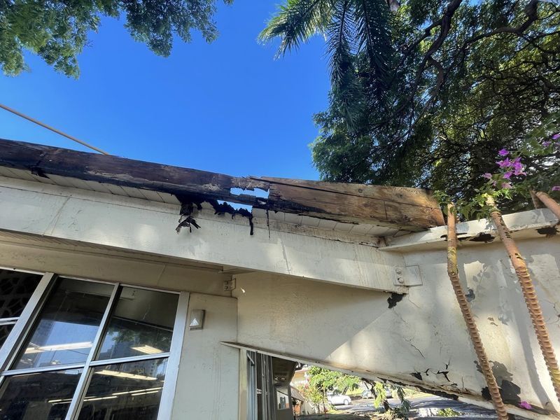 A building with a roof that has been damaged by a tree.