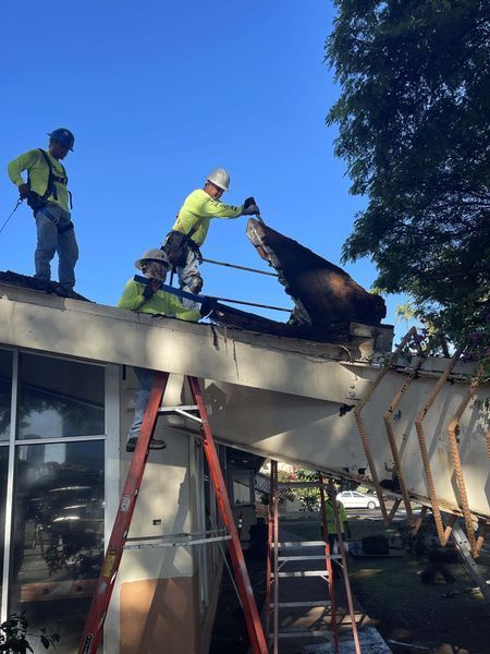 Two men are working on the roof of a building