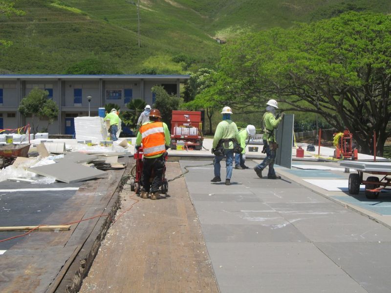 A group of construction workers are walking down a sidewalk