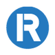 The letter r is in a blue circle on a white background.