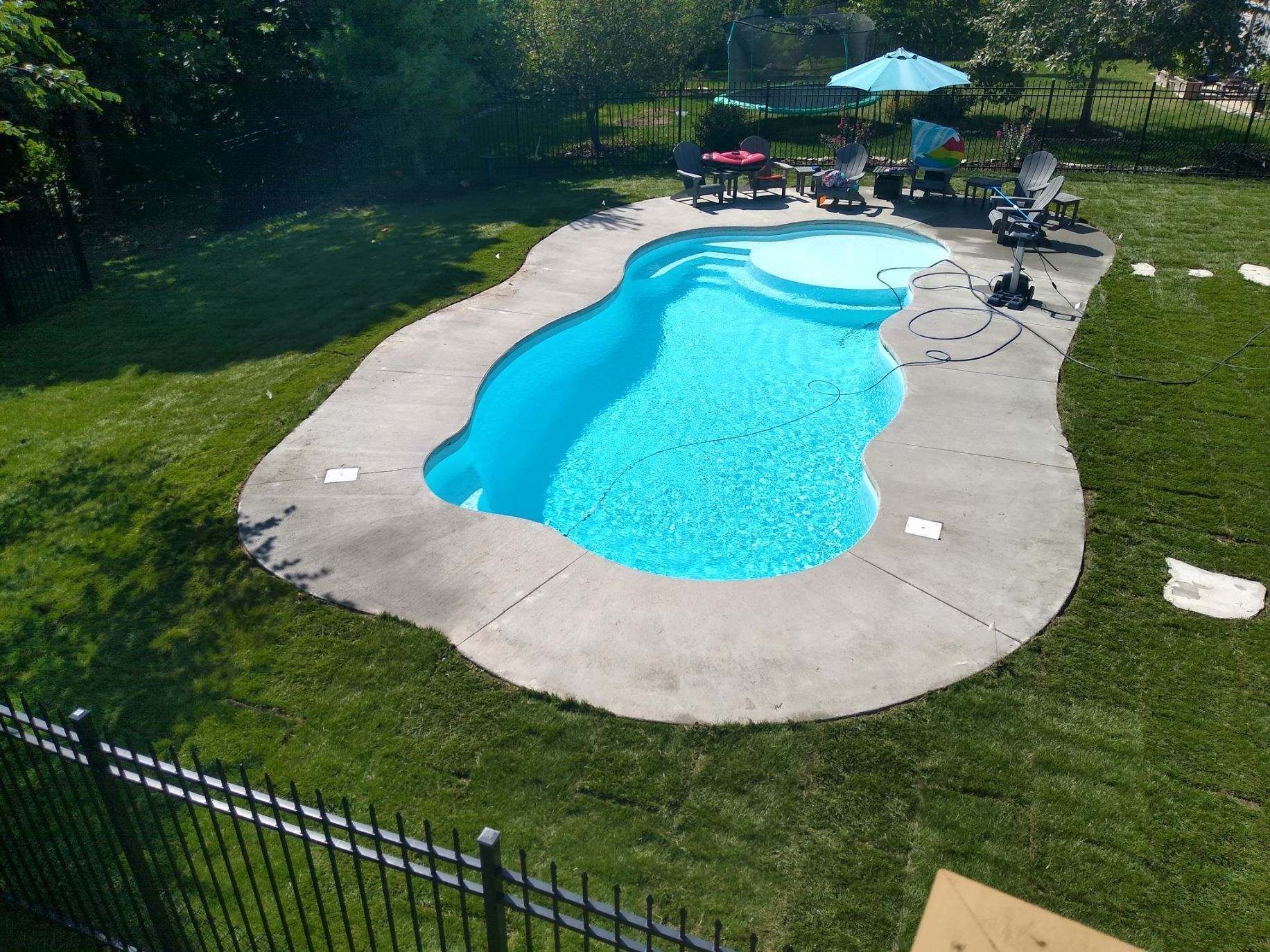 freeform pool with concrete deck in the backyard