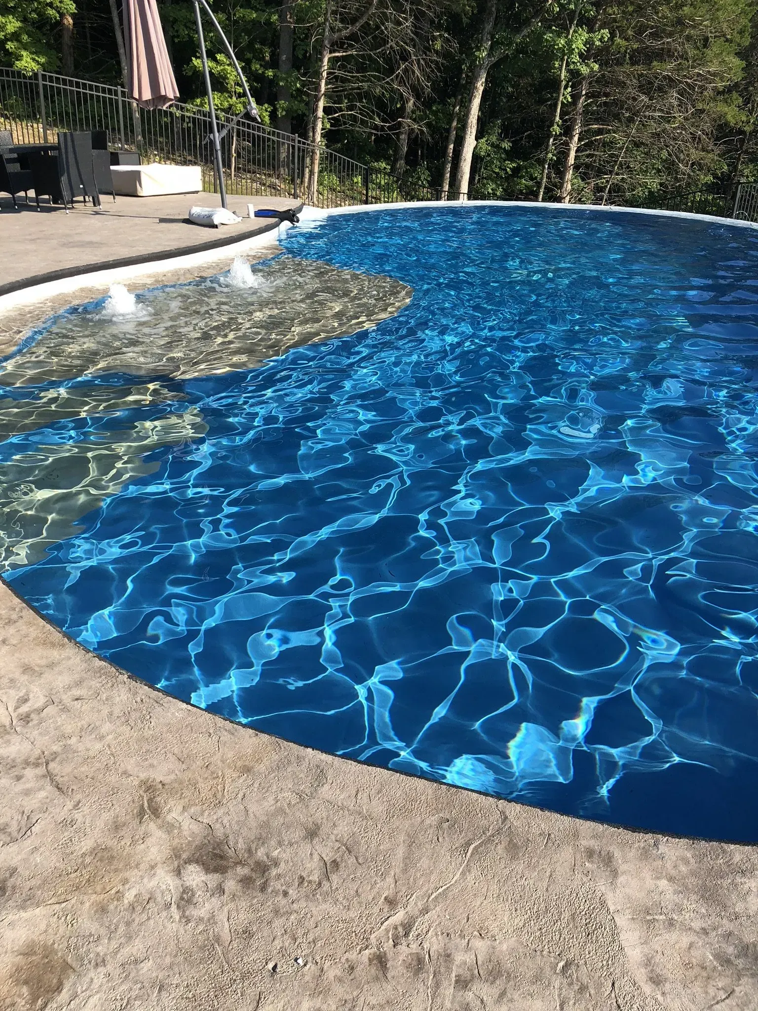 freeform pool with water feature on a tanning ledge