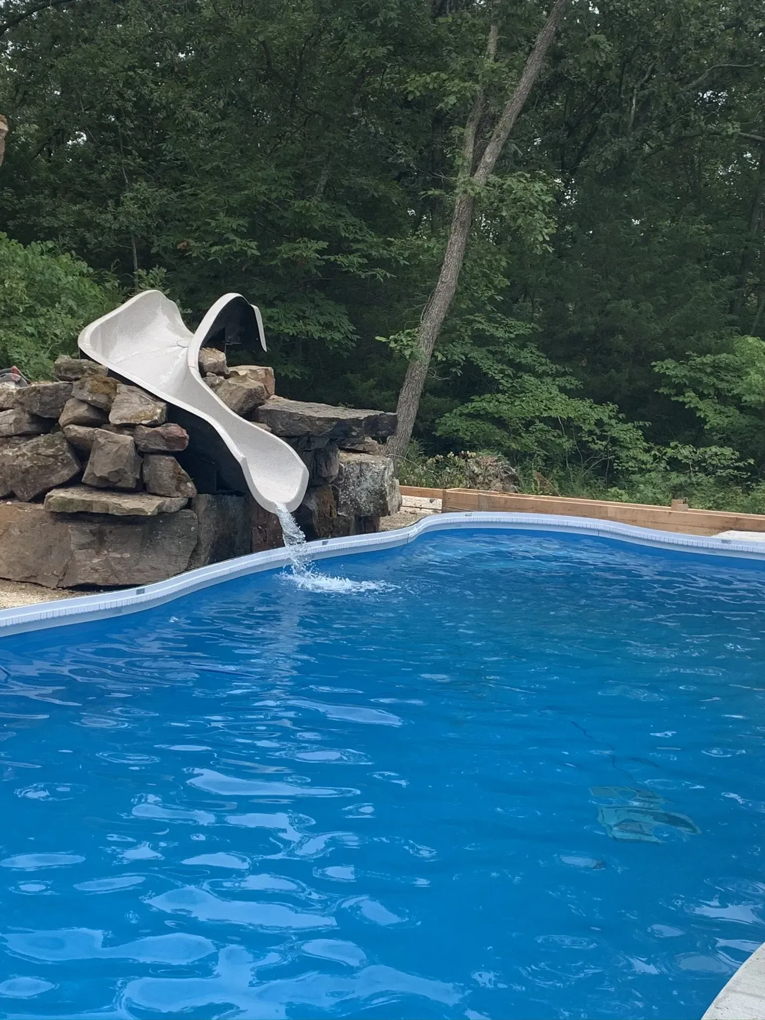 freeform pool with water slide  leading into the pool