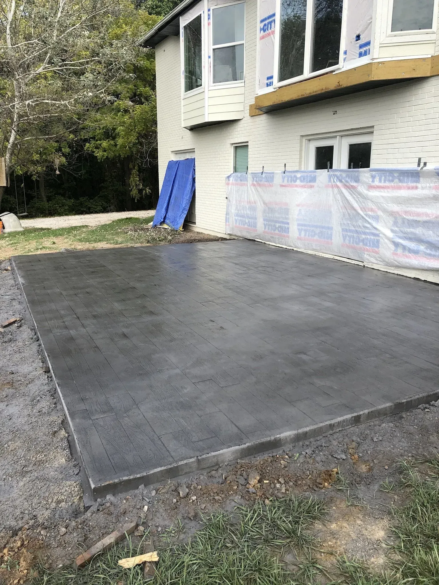 Newly poured concrete patio slab