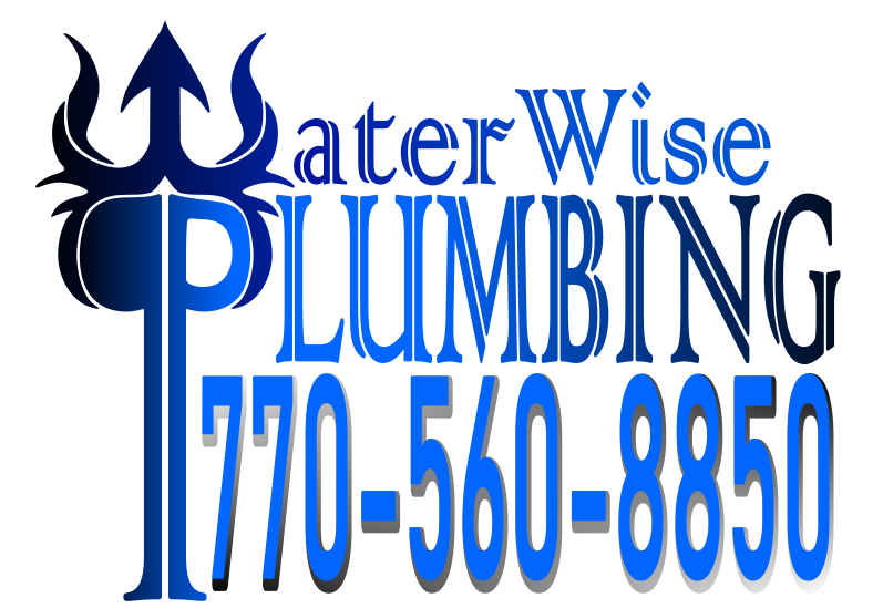 Logo for WaterWise Plumbing; features a trident in blue above the blue text, 