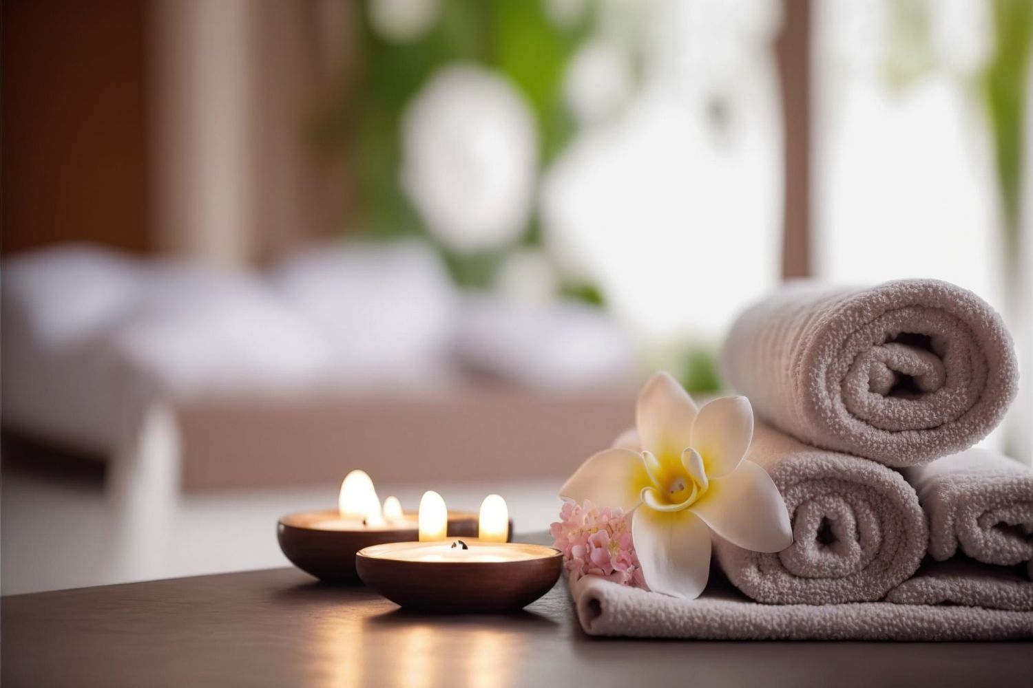 Rolled white towels, a white flower, and lit candles arranged on a table in a spa-like setting.