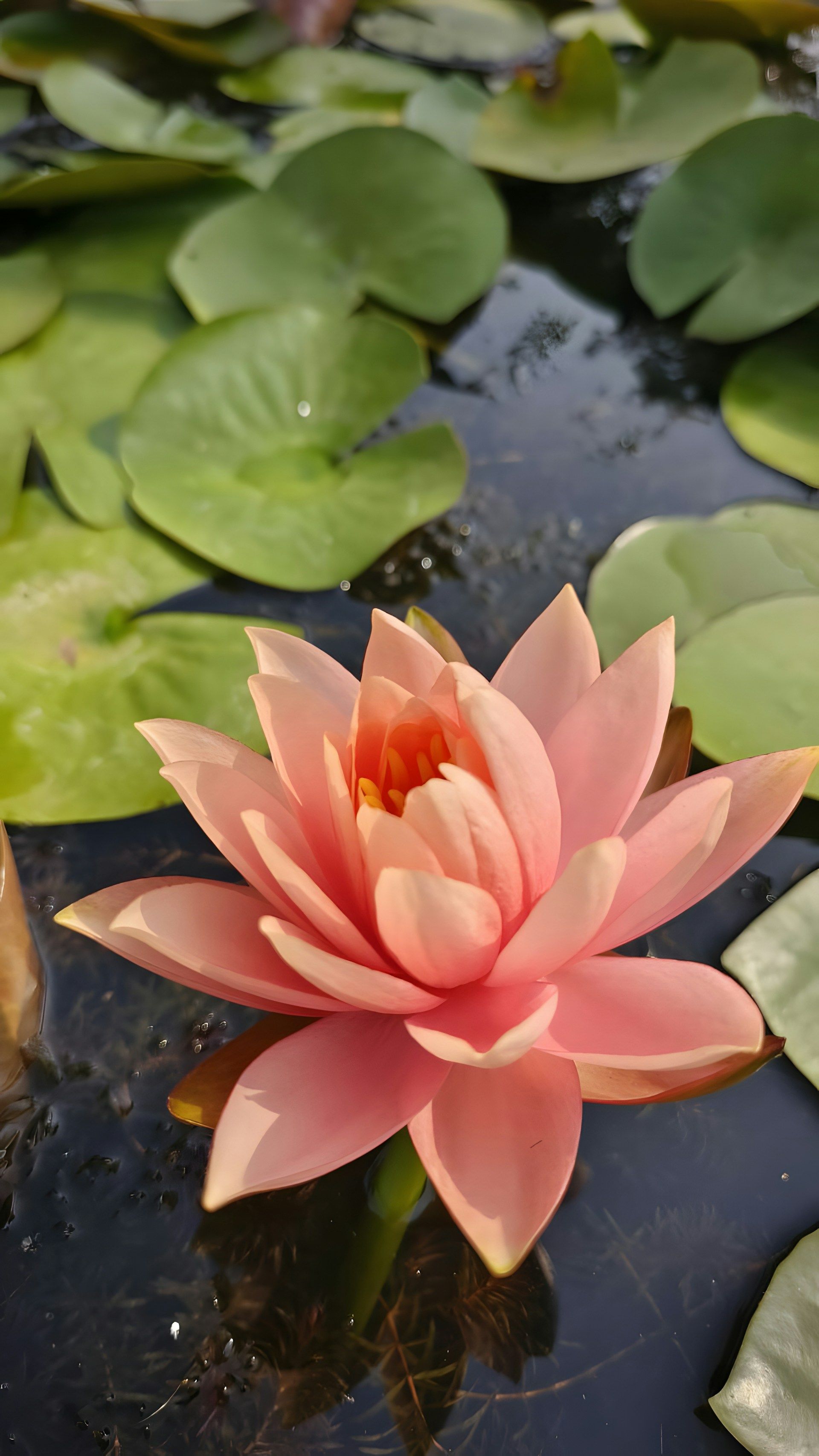 A vibrant, soft orange water lily blooming in a dark pond surrounded by several round green lily pads.