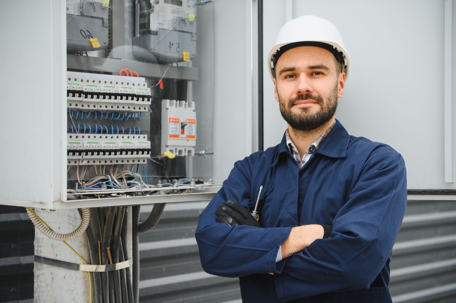 Worker in protective gear standing by an open electrical panel.