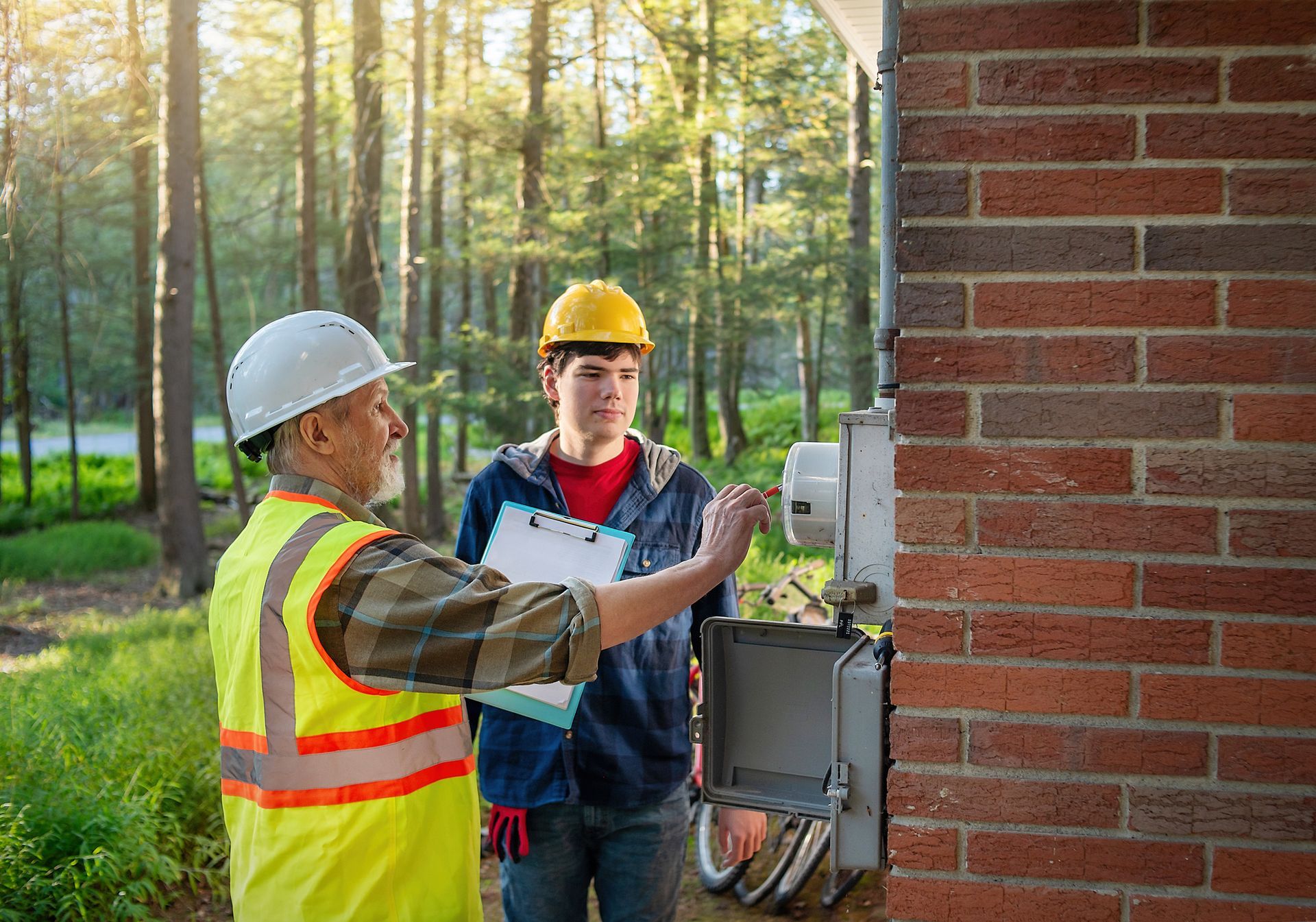 Two men working on an electrical panel, showcasing teamwork with an emergency electrician. Two men working on an electrical panel, showcasing teamwork with an emergency electrician.