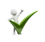 White figure giving thumbs up, holding large green checkmark.