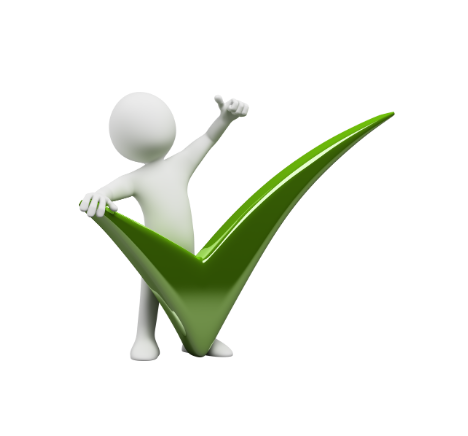 White stick figure with a thumbs-up, holding a large green checkmark.