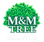 Logo for M&M Tree Service with green leaves, white text, and a tree-like shape.