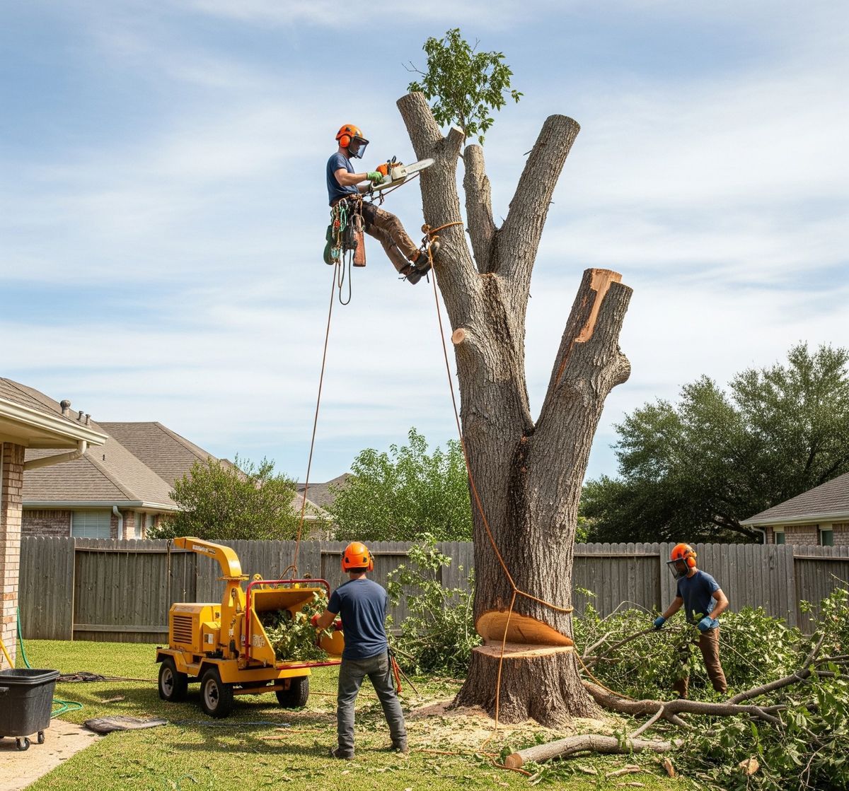 Tree service crew cutting down a tree in a residential backyard on a sunny day.