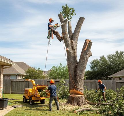Tree service crew cutting down a tree in a residential backyard on a sunny day.
